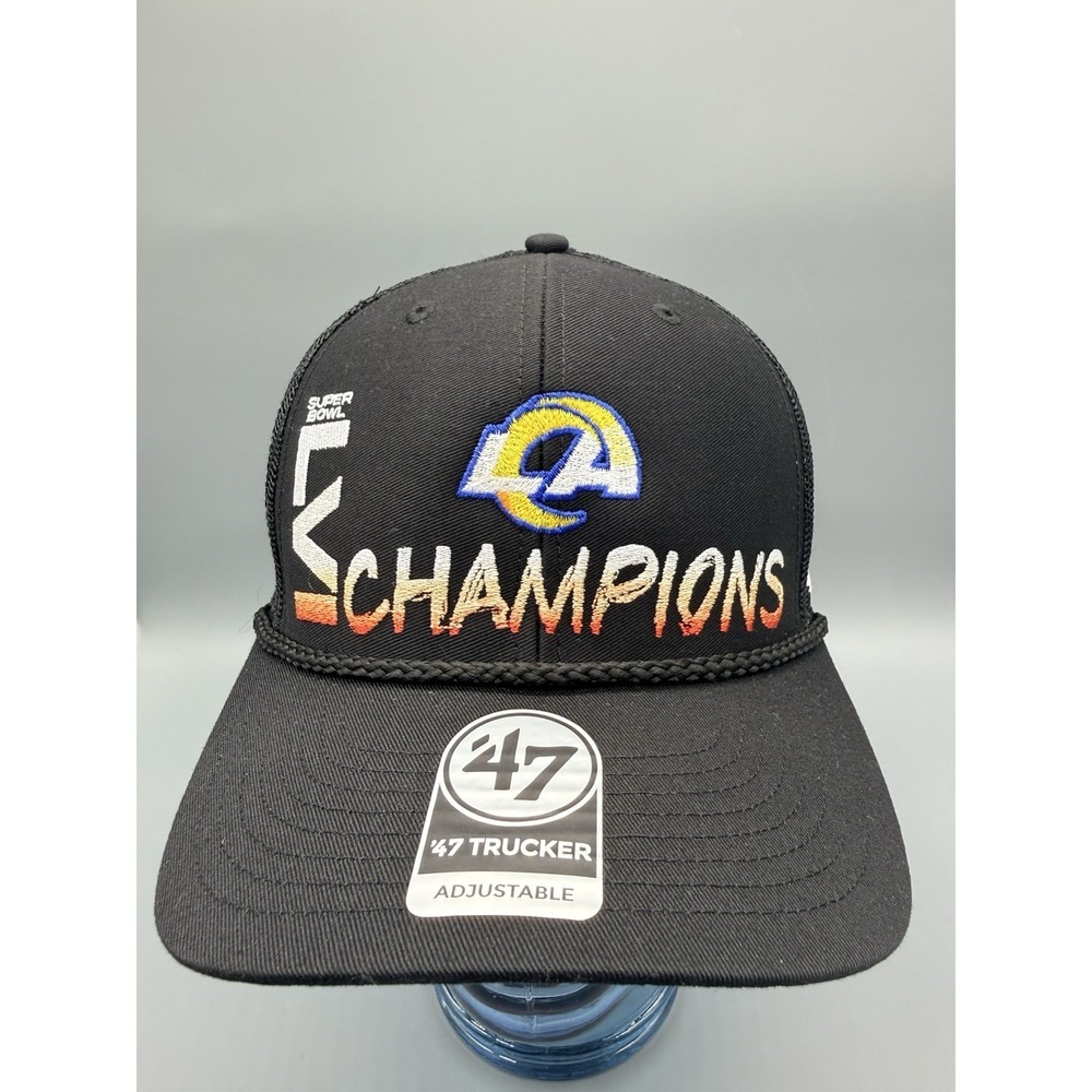 47 LA Rams Super Bowl LVI Champions Trucker Hat Cap Sunset Underbrim Black NEW